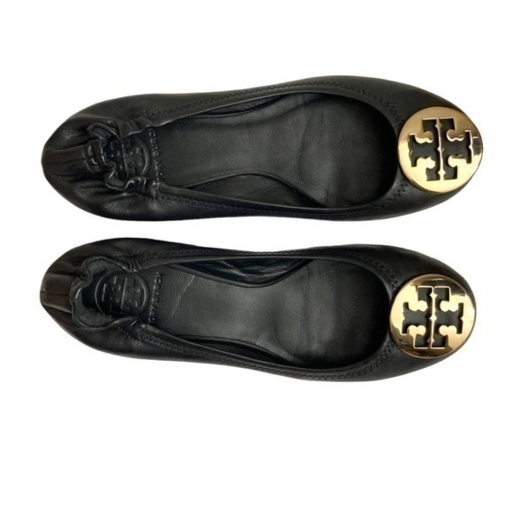 Tory Burch black leather gold tone logo flats